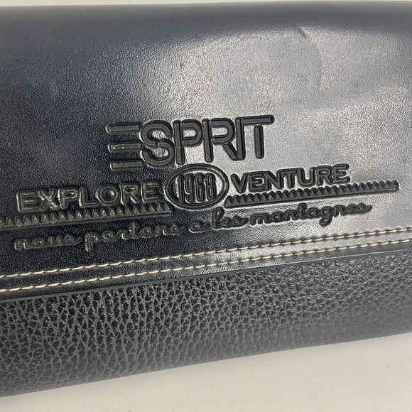 ESPRIT Womens Black Faux Leather Tri-Fold Wallet VTG 90s 12 Card Holder Photo ID - Picture 2 of 16